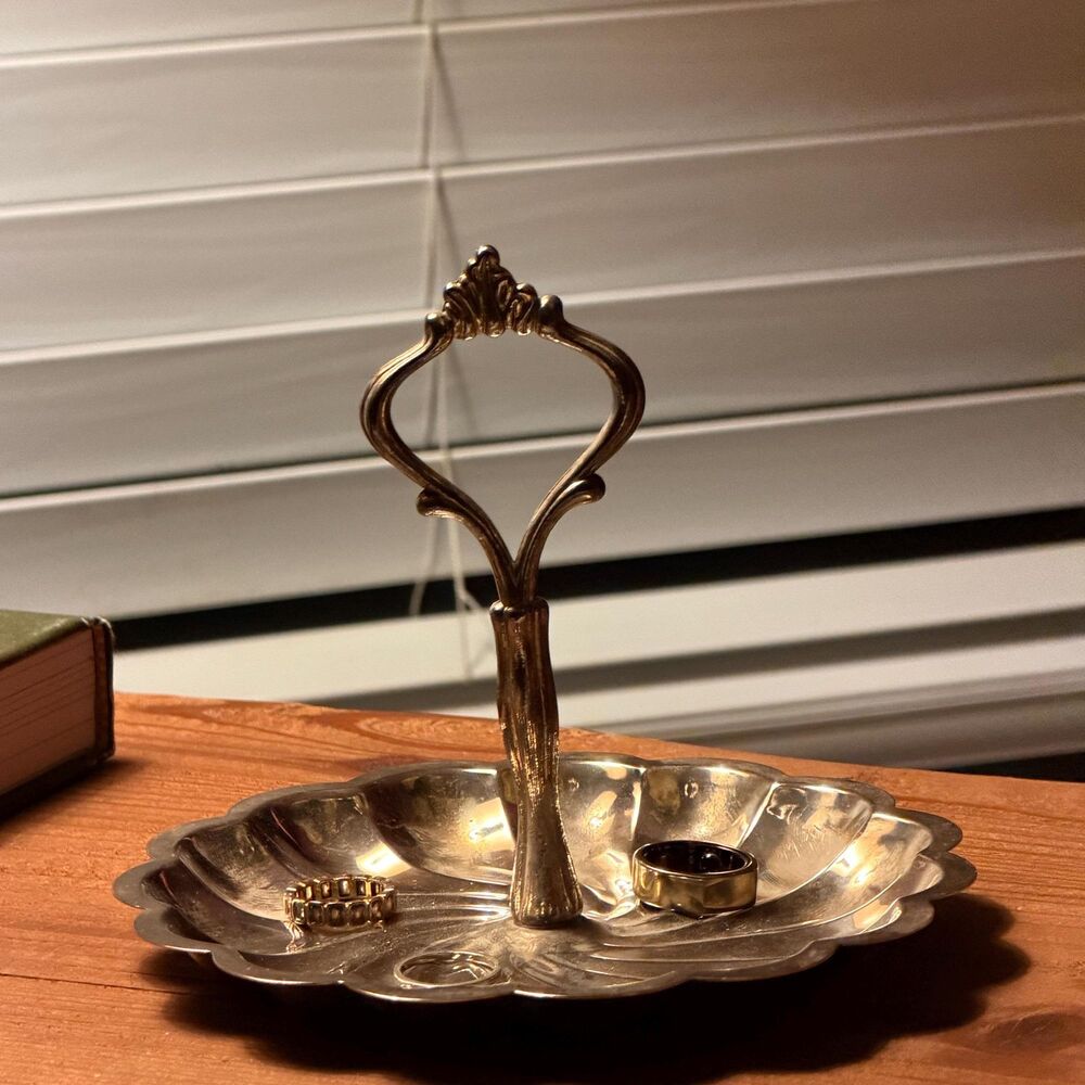 Vintage Silver Plated Ring Holder Tray | Floral Vanity Dish, Ornate Handle